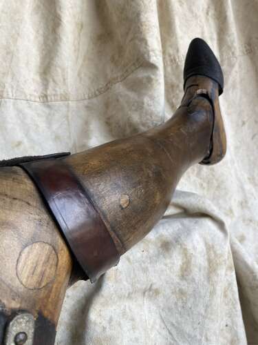A rare antique Victorian wooden prosthetic leg by Sillis of London