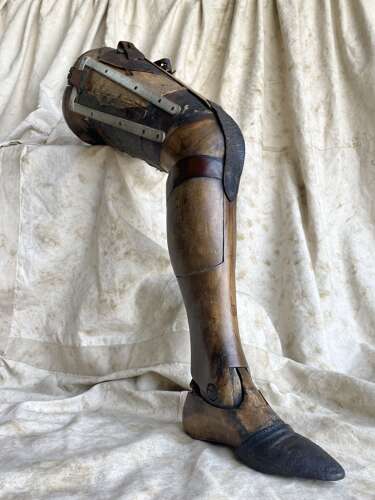 A rare antique Victorian wooden prosthetic leg by Sillis of London