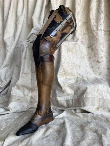A rare antique Victorian wooden prosthetic leg by Sillis of London