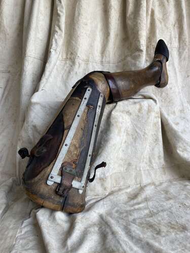 A rare antique Victorian wooden prosthetic leg by Sillis of London