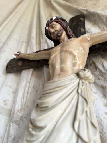 19th century plaster and wood crucifixion statue of large proportion