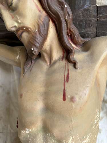 19th century plaster and wood crucifixion statue of large proportion