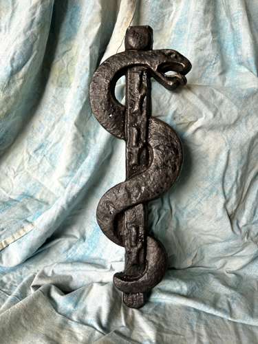 A rare antique cast iron rod of Asclepius apothecary trade sign c.1880