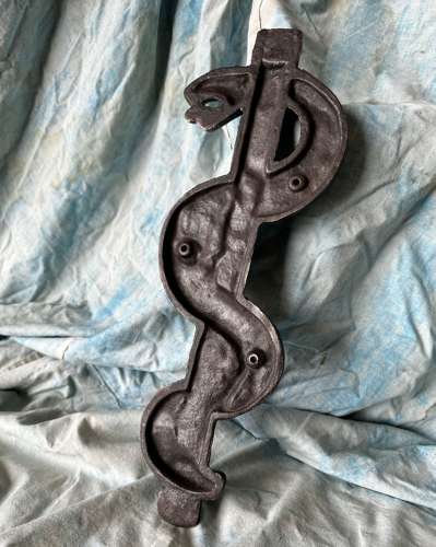 A rare antique cast iron rod of Asclepius apothecary trade sign c.1880