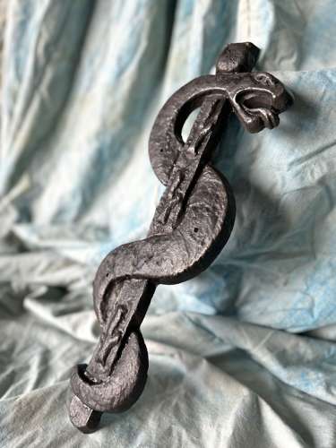 A rare antique cast iron rod of Asclepius apothecary trade sign c.1880