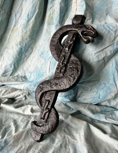A rare antique cast iron rod of Asclepius apothecary trade sign c.1880