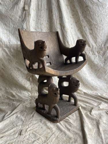 An antique tribal Fon tribe lion throne chair - Benin region