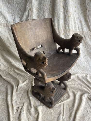 An antique tribal Fon tribe lion throne chair - Benin region
