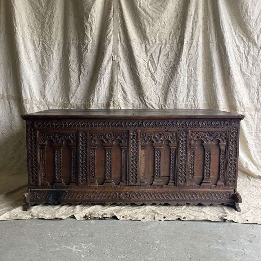 An exceptional antique 18th century oak Italian Cassone wedding chest.