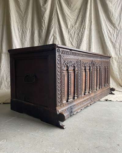 An exceptional antique 18th century oak Italian Cassone wedding chest.