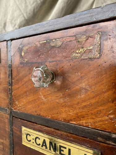 A bank of antique late Victorian apothecary shop drawers
