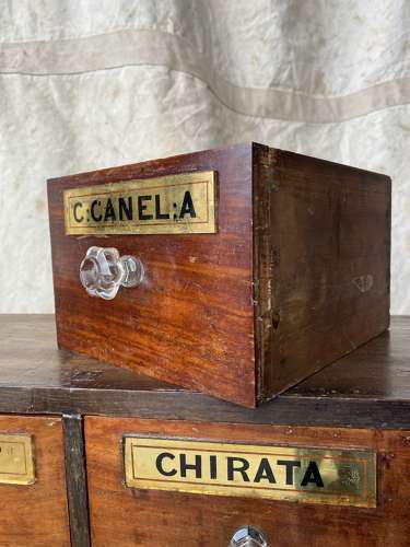 A bank of antique late Victorian apothecary shop drawers