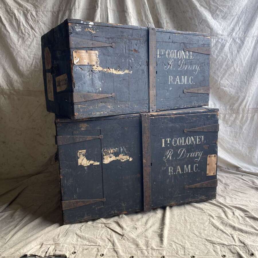 A pair of antique late 19th century Irish campaign cupboards by Ross & Co. of Dublin