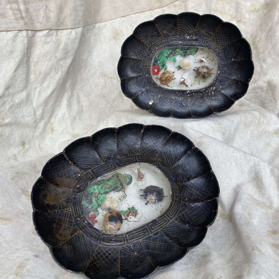 A pair of incredibly rare antique papier m&acirc;ch&eacute; natural history diorama dishes