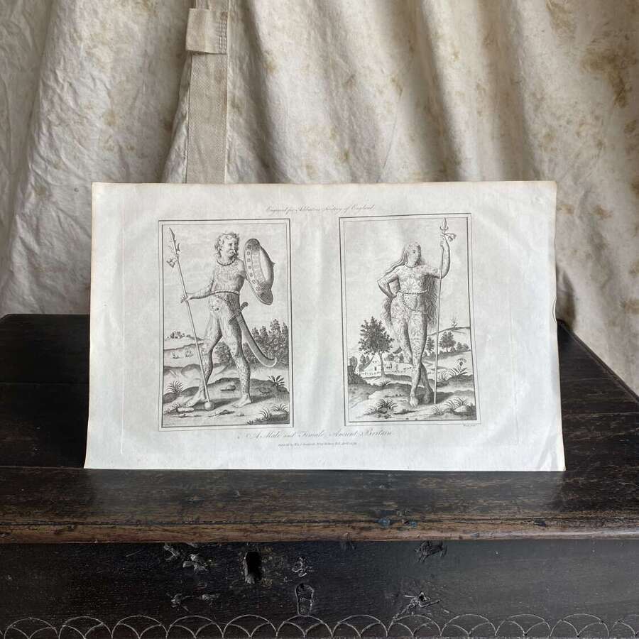 A very rare antique George III A Male and Female Ancient Briton tattoo engraving 1793