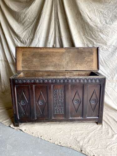 An antique 17th century James II oak coffer circa 1686