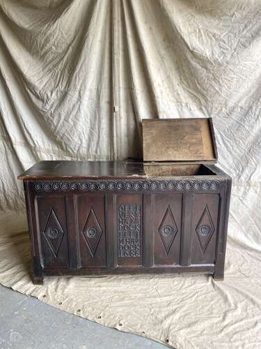 An antique 17th century James II oak coffer circa 1686