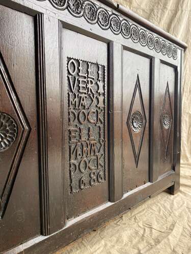 An antique 17th century James II oak coffer circa 1686