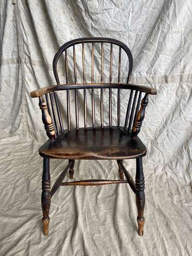 An antique 19th century elm and ash hoop and stick back Windsor chair