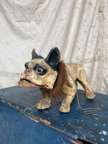 An antique French papier mache growler Bulldog toy by Roullet & Decamps