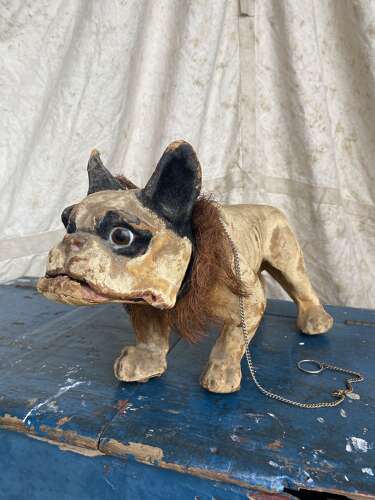 An antique French papier mache growler Bulldog toy by Roullet & Decamps