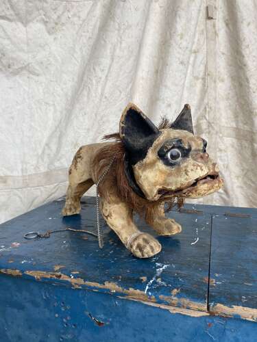 An antique French papier mache growler Bulldog toy by Roullet & Decamps