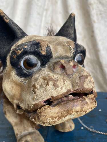 An antique French papier mache growler Bulldog toy by Roullet & Decamps
