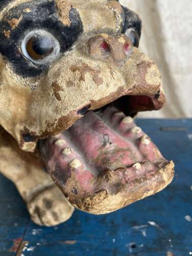 An antique French papier mache growler Bulldog toy by Roullet & Decamps