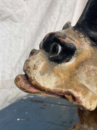 An antique French papier mache growler Bulldog toy by Roullet & Decamps