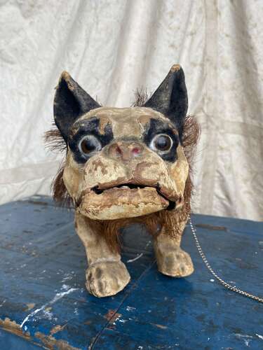 An antique French papier mache growler Bulldog toy by Roullet & Decamps