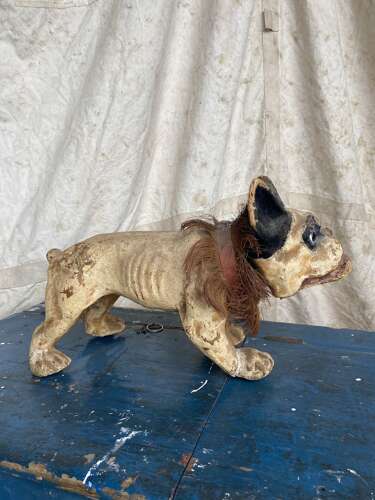 An antique French papier mache growler Bulldog toy by Roullet & Decamps