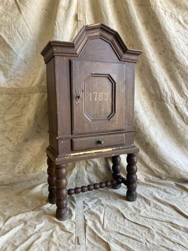 An interesting 19th century antique scumble glaze cupboard on stand