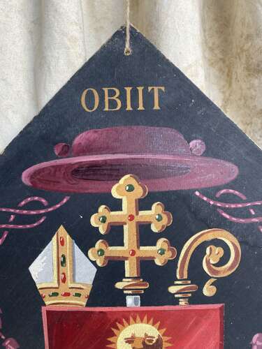 A rare antique Belgian Obiit hand painted funerary hatchment