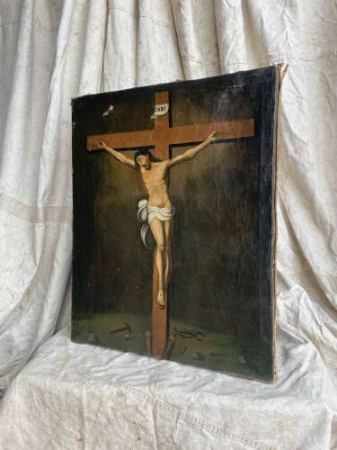 An antique mid 19th century continental religious oil painting of the crucifixion