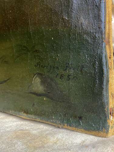 An antique mid 19th century continental religious oil painting of the crucifixion