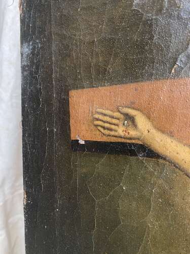 An antique mid 19th century continental religious oil painting of the crucifixion