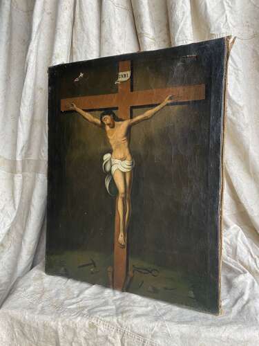An antique mid 19th century continental religious oil painting of the crucifixion