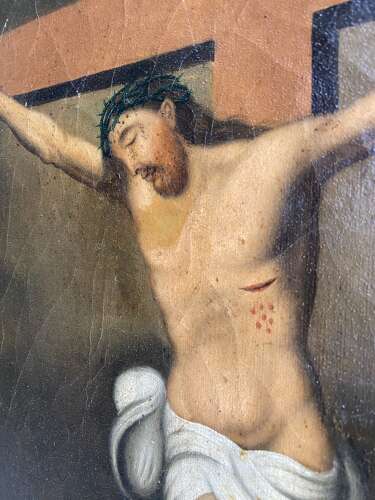 An antique mid 19th century continental religious oil painting of the crucifixion
