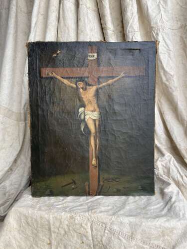 An antique mid 19th century continental religious oil painting of the crucifixion
