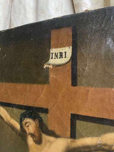 An antique mid 19th century continental religious oil painting of the crucifixion