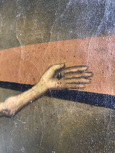 An antique mid 19th century continental religious oil painting of the crucifixion