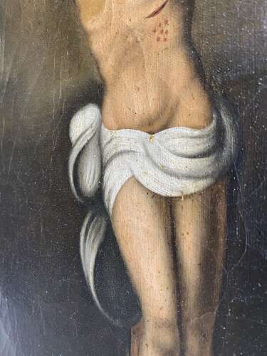 An antique mid 19th century continental religious oil painting of the crucifixion