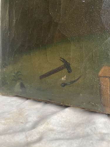 An antique mid 19th century continental religious oil painting of the crucifixion