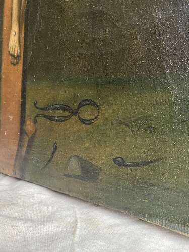 An antique mid 19th century continental religious oil painting of the crucifixion