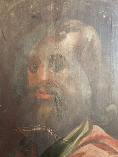 An 18th century antique ecclesiastical painted wooden panel of saint Matthias the Apostle