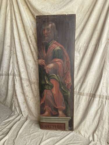 An 18th century antique ecclesiastical painted wooden panel of saint Matthias the Apostle