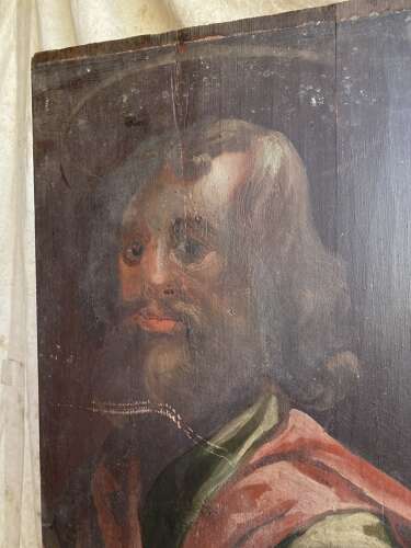 An 18th century antique ecclesiastical painted wooden panel of saint Matthias the Apostle
