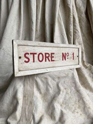 A 1950s vintage hand painted wooden Store no.1 factory sign