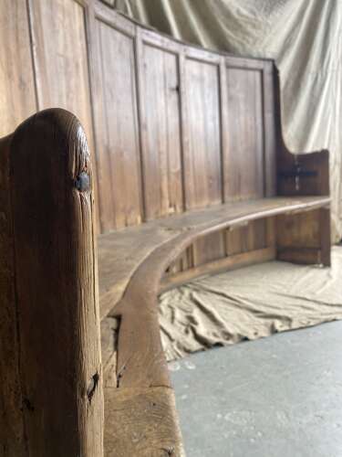 A remarkable rare 8ft early 17th century antique elm and pine barrel back tavern settle