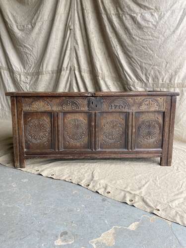 An English Queen Anne 18th century antique oak coffer dated 1707